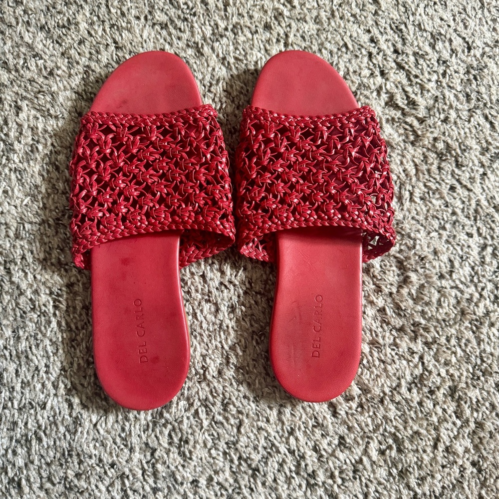 🍒 Cherry Red Italian Leather Del Carlo Flat Woven Sandals